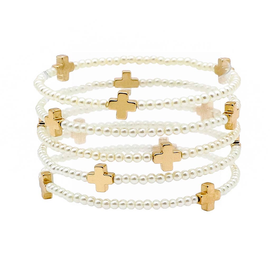 Pearl Beaded Stack With Gold Cross Accent