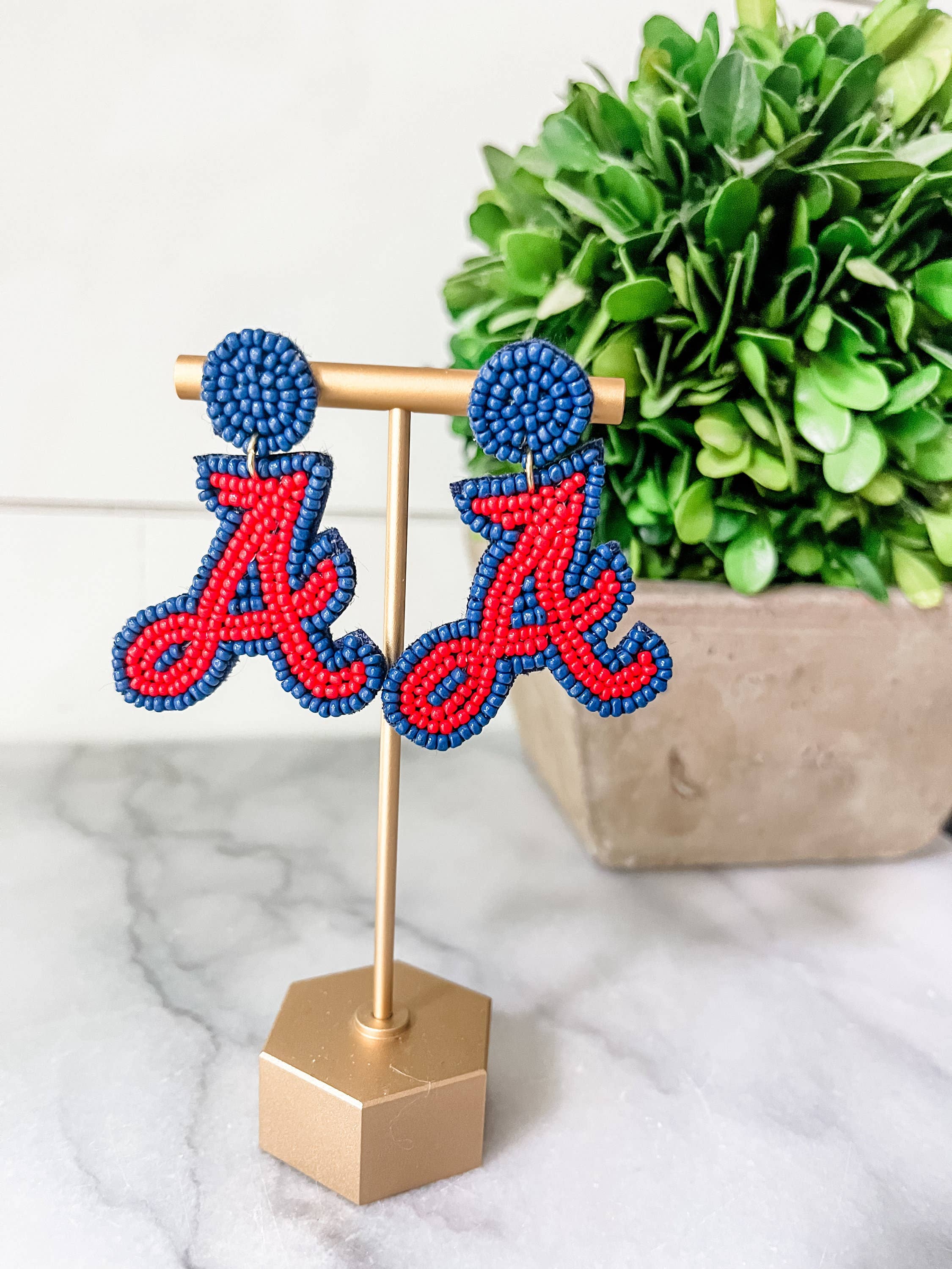 Red & Blue "A" Beaded Earrings
