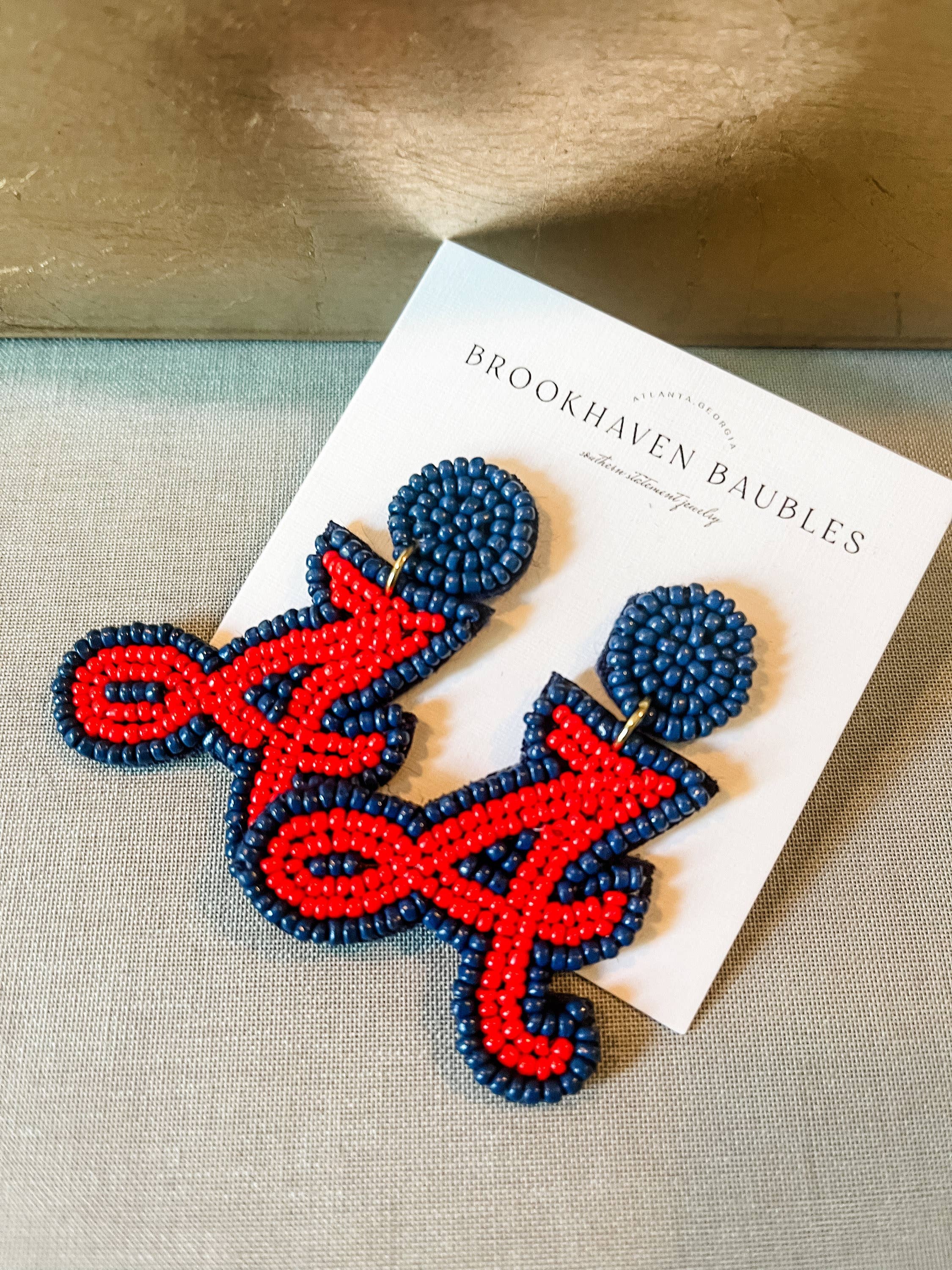 Red & Blue "A" Beaded Earrings