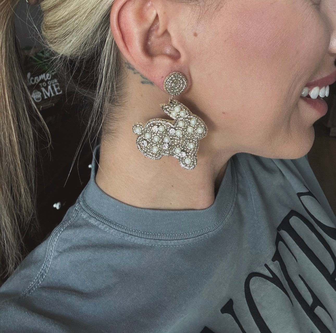 Pearl + Crystal Bunny Beaded Earrings