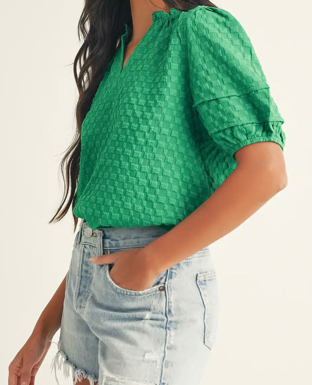 Kelly Green Puff Sleeve Blouse