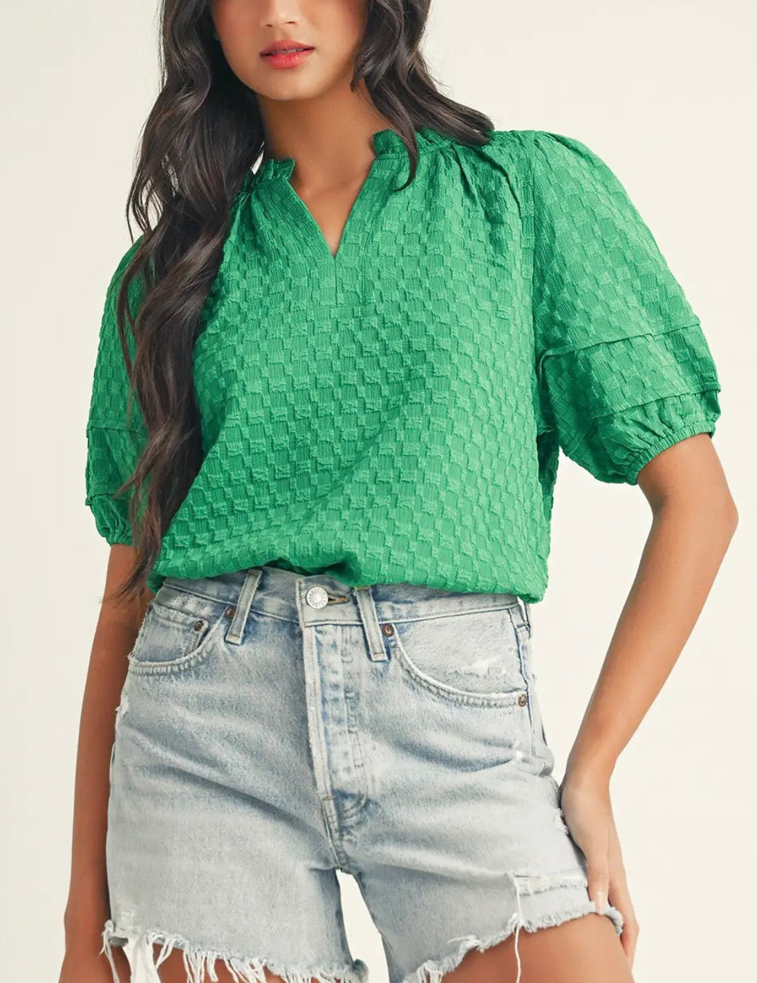 Kelly Green Puff Sleeve Blouse